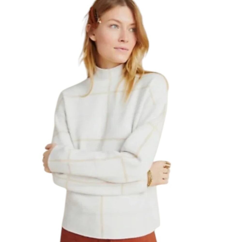 Anthropologie Cream Windowpane Plaid Ivanna Knit Mock Neck Sweater - Picture 2 of 10
